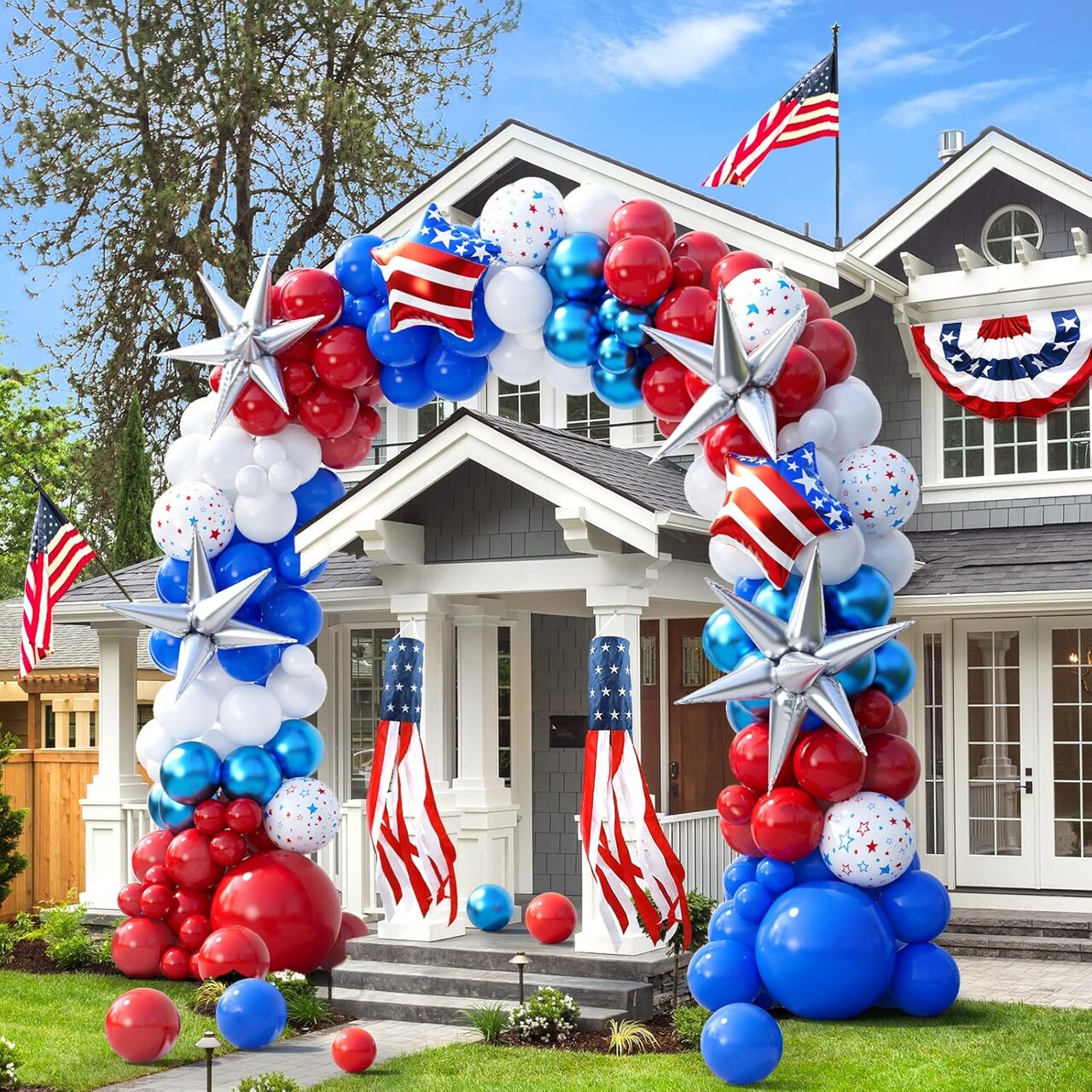 151PCS Patriotic Red White and Blue Balloon Garland Arch Kit with Exploding Star Balloons – 4th of July, Memorial Day, Veterans Day, Graduation, Baseball & USA Theme Party Decorations